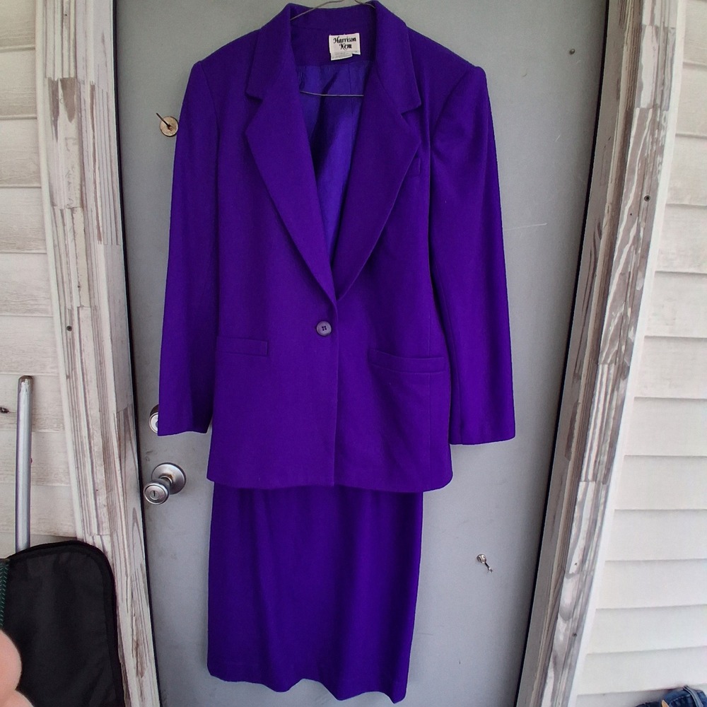 Vtg 80s Power Suit Corporate Glamour Purple Wool Blazer Pencil Skirt 8 GLORIOUS